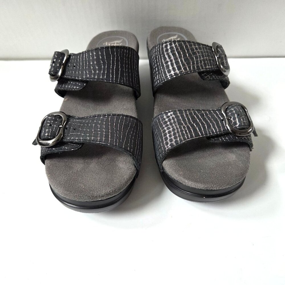 Dansko Sandals Women 38 Gray Pewter Embossed Leather Sophie Comfort Wedge 7.5 8 - Picture 4 of 13